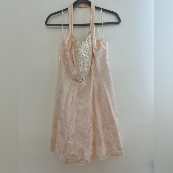 Dresses & Skirts - Vintage 90s Prom Dress Halter Sequins Beaded Pale Petal Pink Knee Length 7 / 8